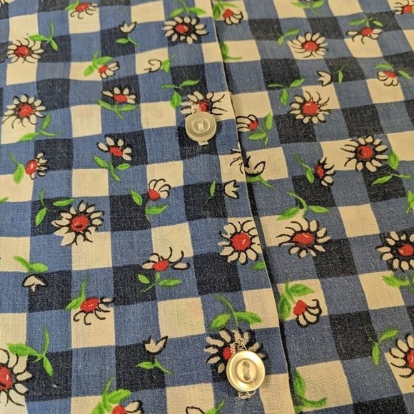 Simply Basic Blue Plaid Gingham White Daisy Flowers Button Up Floral Women S - Picture 10 of 11